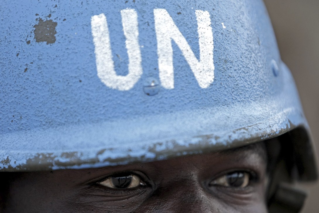 Close-up of a UN-marked blue helmet worn by a Nigerian peacekeeper in Darfur.
