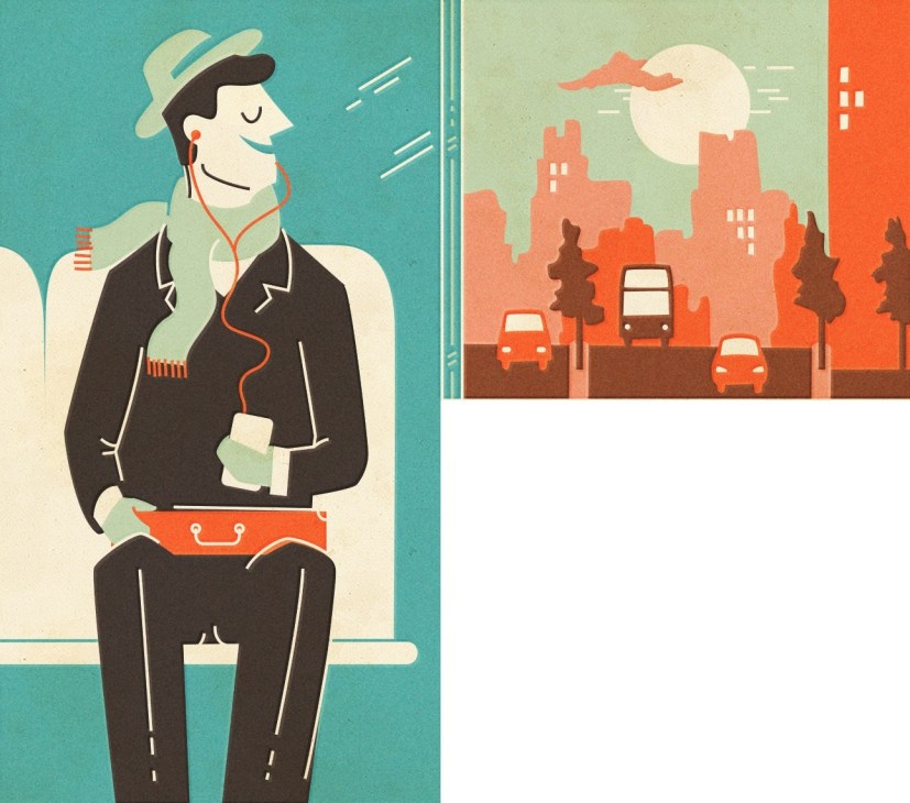 Illustration of a man wearing a hat and headphones sitting with a suitcase, next to a cityscape with cars and buildings.
