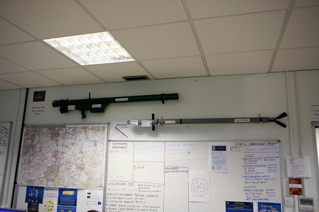 Homemade MANPAD replicas displayed on a wall in the Aviation Security Unit at Gatwick Airport.