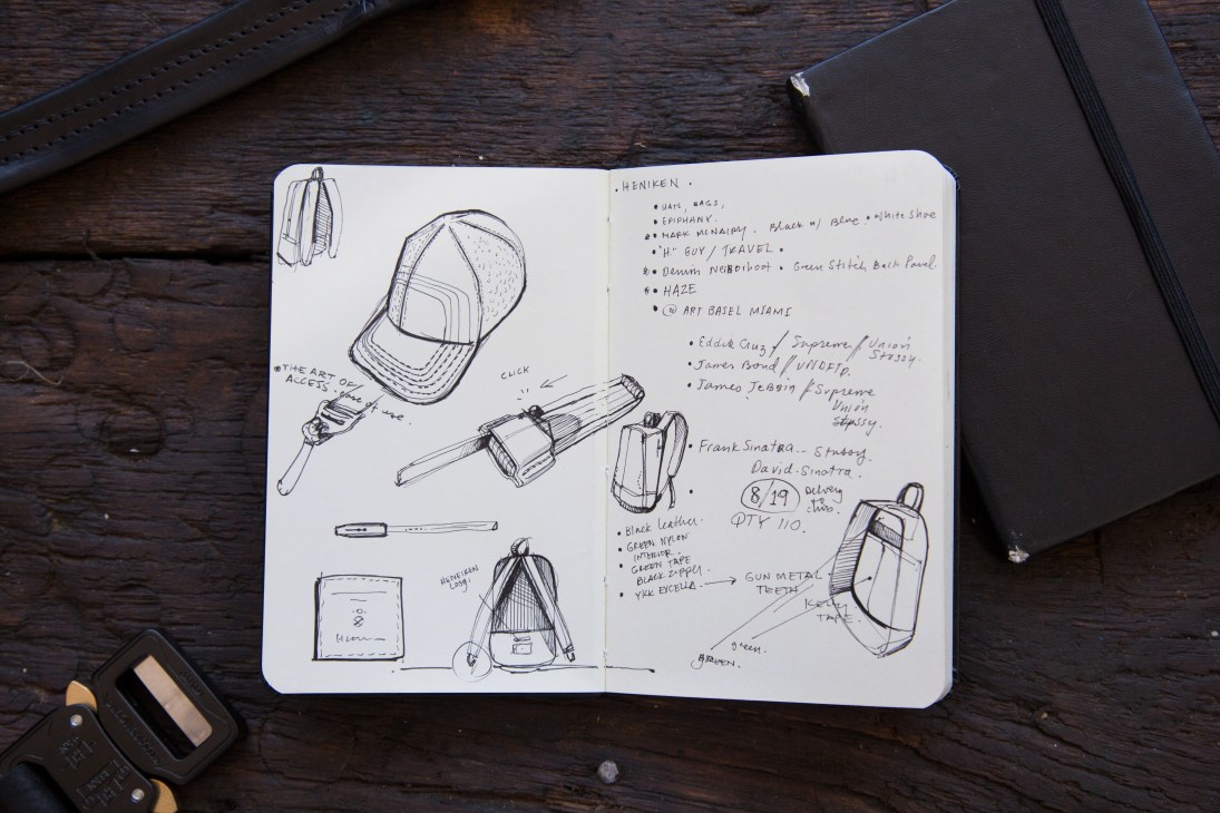 Open notebook with hand-drawn sketches of bags, accessories and design notes on wood surface.