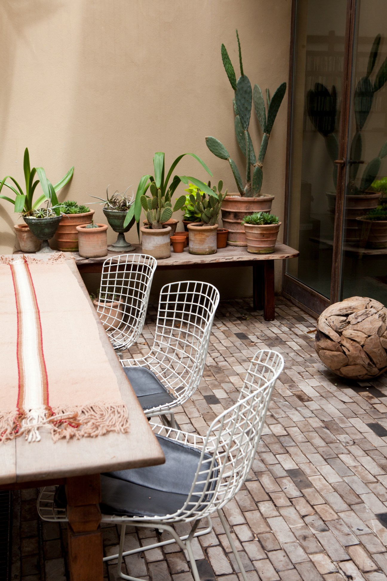 Outdoor patio with white wire chairs, wooden bench with striped throw, potted cacti and succulents on a table, and terracotta pot.