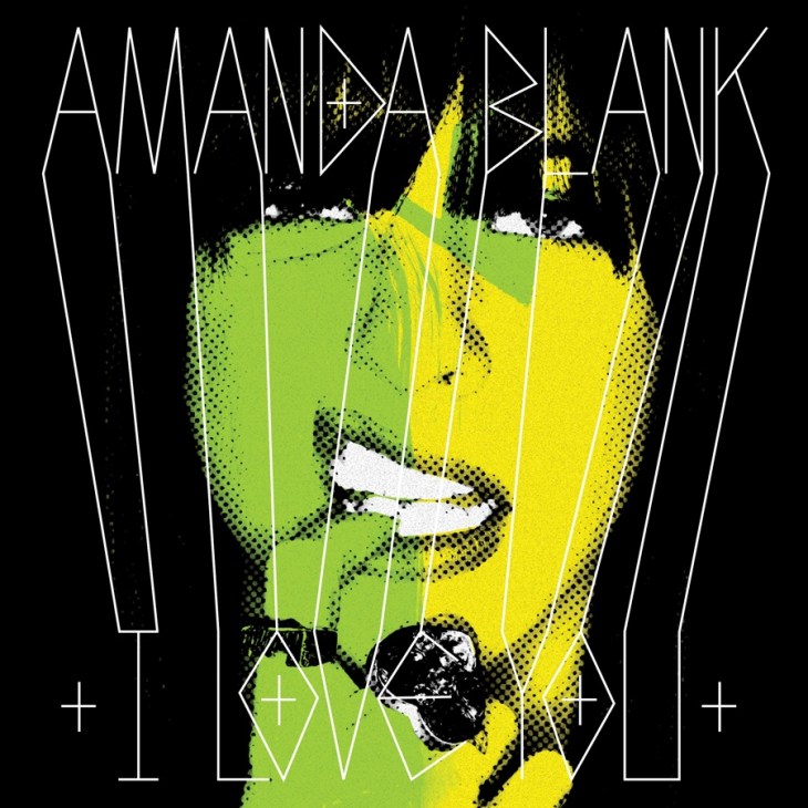 Amanda Blank album cover with neon green and yellow geometric design and halftone portrait on black background.