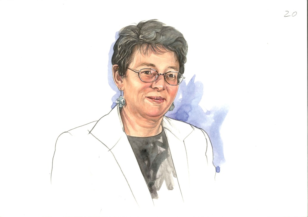 Portrait illustration of Sue Horton, a woman wearing glasses and a white blazer.