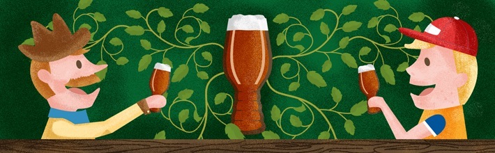 Illustration of two men toasting with beer glasses against a green floral background.