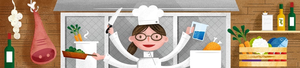 Illustrated chef with glasses in kitchen surrounded by cooking equipment and ingredients.