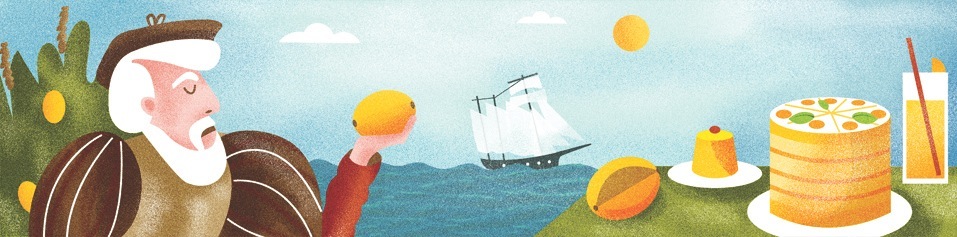 Illustration of a sailor holding an Alphonso mango with a ship and pastries in the background.