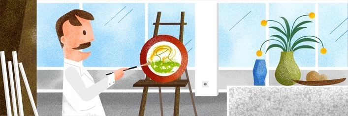 Illustration of a man painting on an easel and a still life with vases and plant.