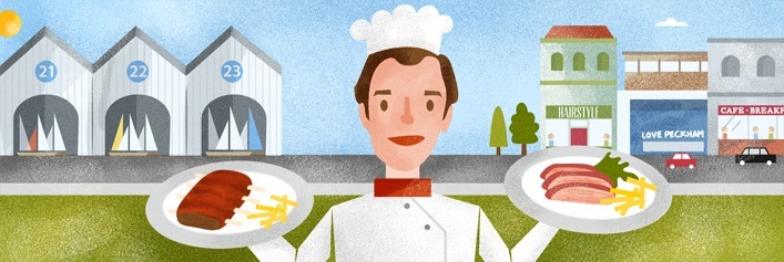 Illustration of a chef holding plates of food with beachfront boathouses and seaside town in background.
