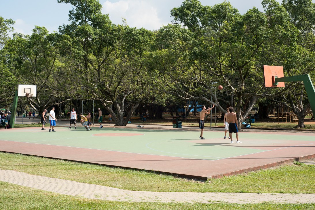 People playing basketball and other sports on a multi-sport court under large trees at Ibirapuera Park.