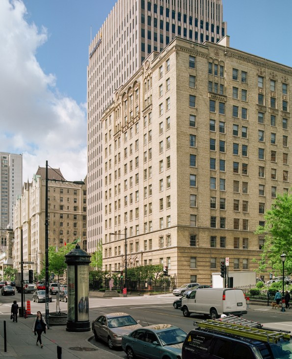 Sherbrooke Street West with the Acadia apartment building in foreground and the Chateau in background, Montreal.