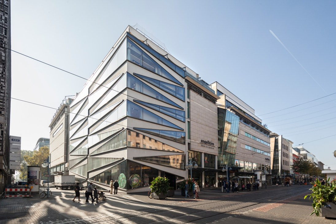 Modern Engelhorn department store building with curved glass facade on Mannheim street
