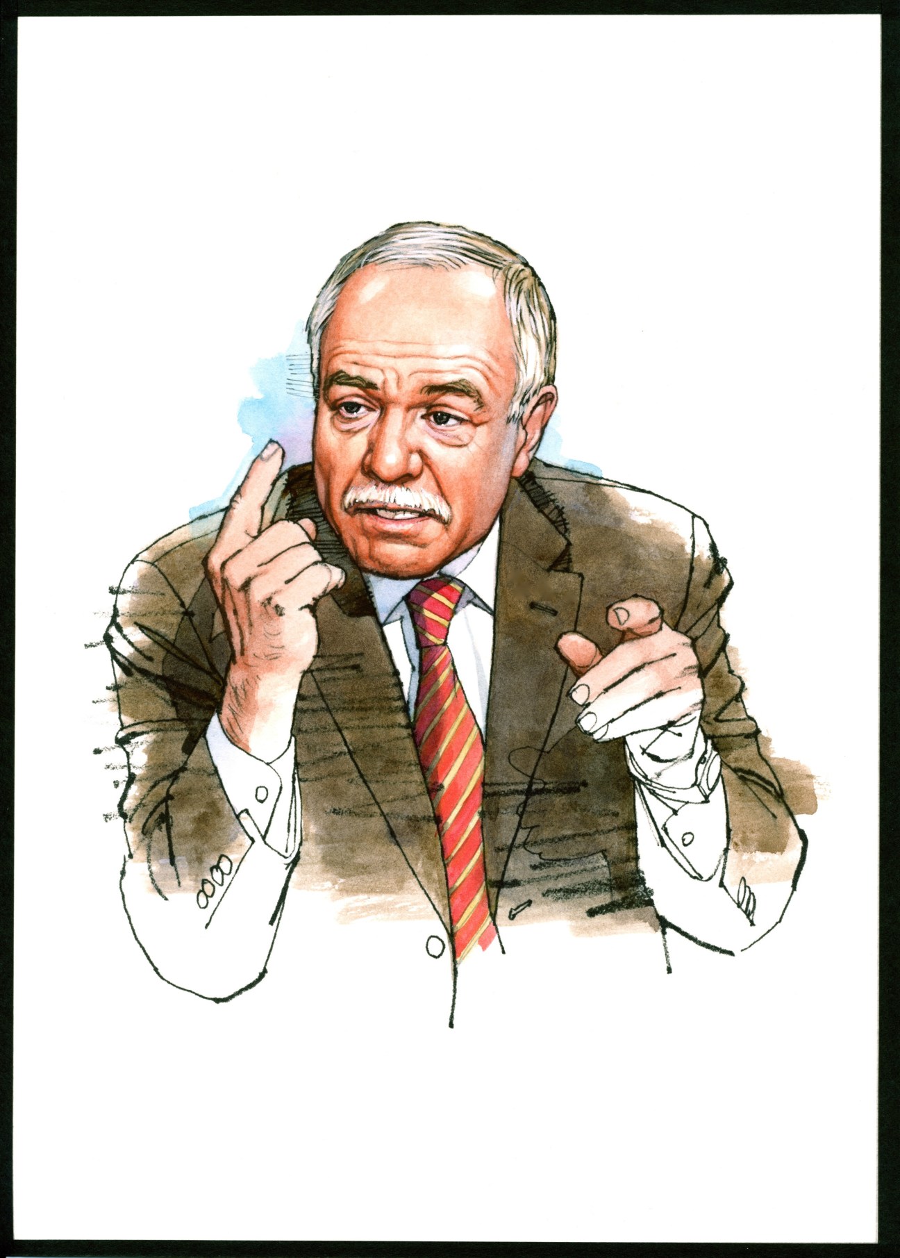 Illustration of Hisham Melhem, a man with gray hair and mustache wearing a brown suit and red striped tie, gesturing while speaking.
