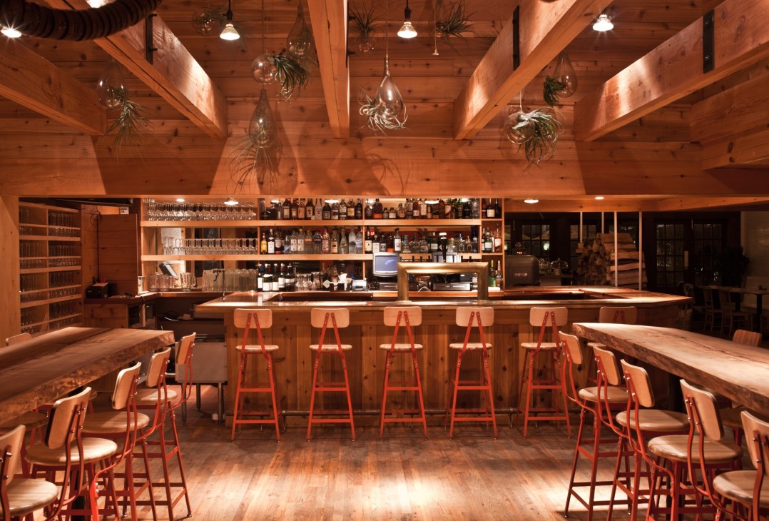 Wooden interior of Ruschmeyer's bar with red stools, exposed beams and hanging plants.