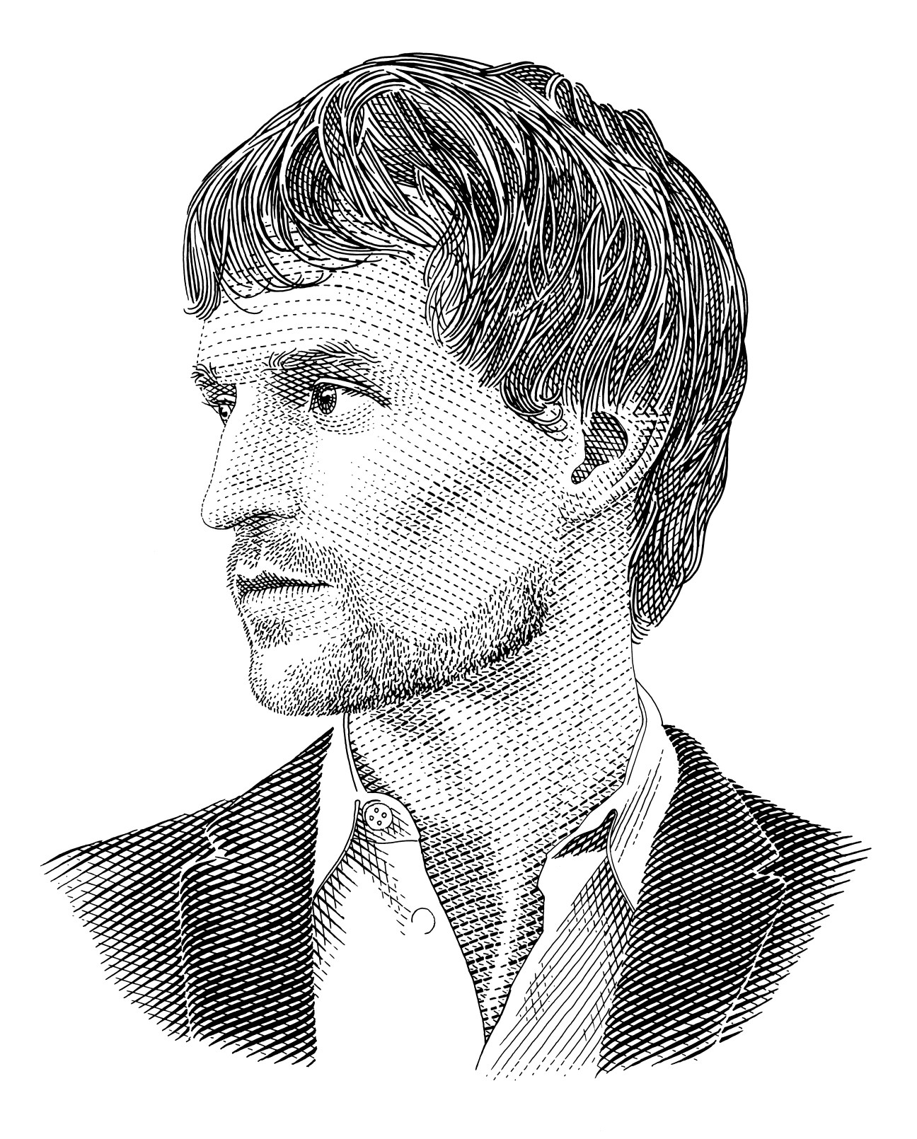 Black and white line drawing portrait of architect Ole Scheeren in profile, facing left.