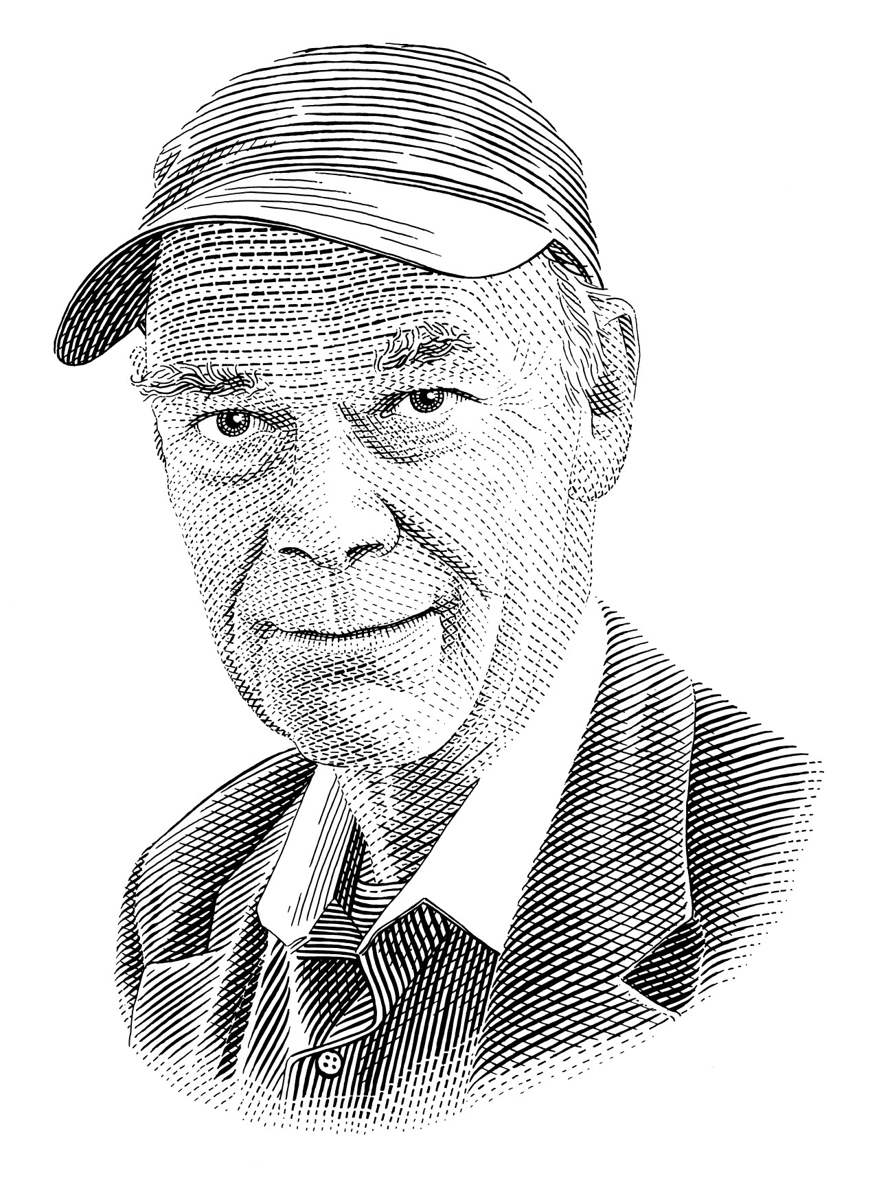 Line drawing portrait of Jonathan Raban, a bearded man wearing a headband and collared shirt