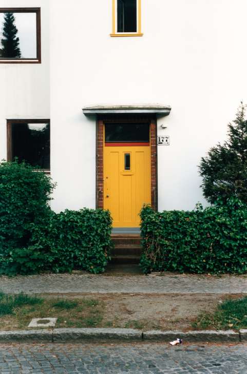 White modernist house with yellow door, brown-framed windows, and ivy-covered hedges in Wannsee.