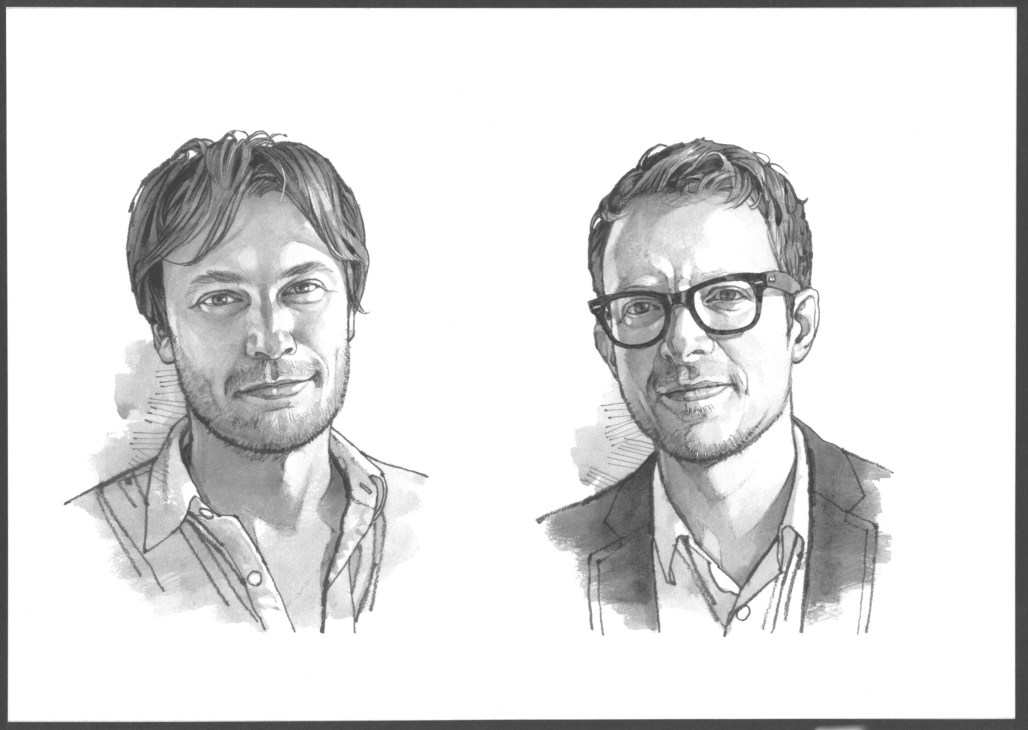 Pencil sketch portrait of two men with short hair, one wearing glasses.