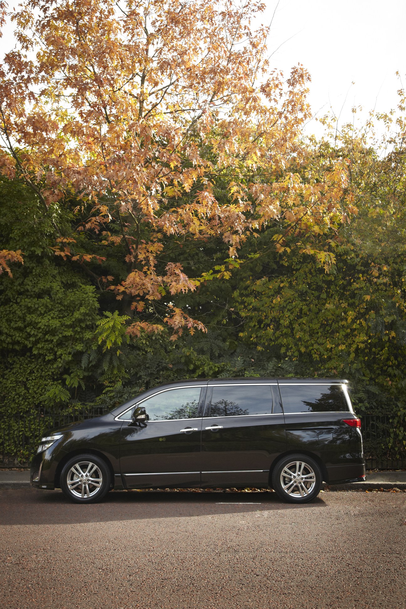 Black Nissan Elgrand minivan parked on road with autumn foliage behind it