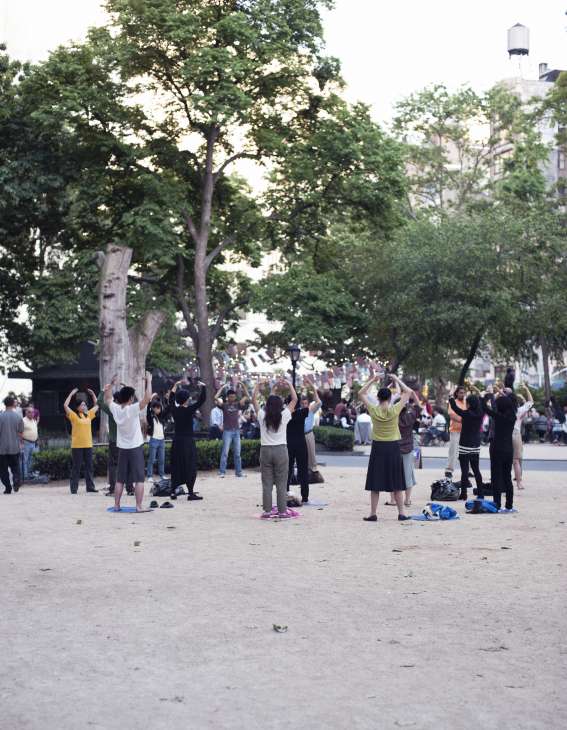 A group of people practicing Tai Chi in Madison Square Park, surrounded by large trees and historic buildings.
