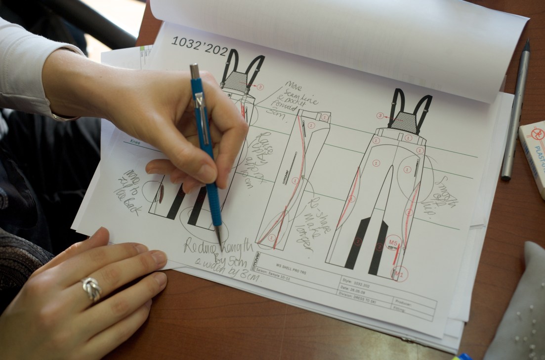 Designer's hand holding a pen over technical sketches and notes for ski trousers design.