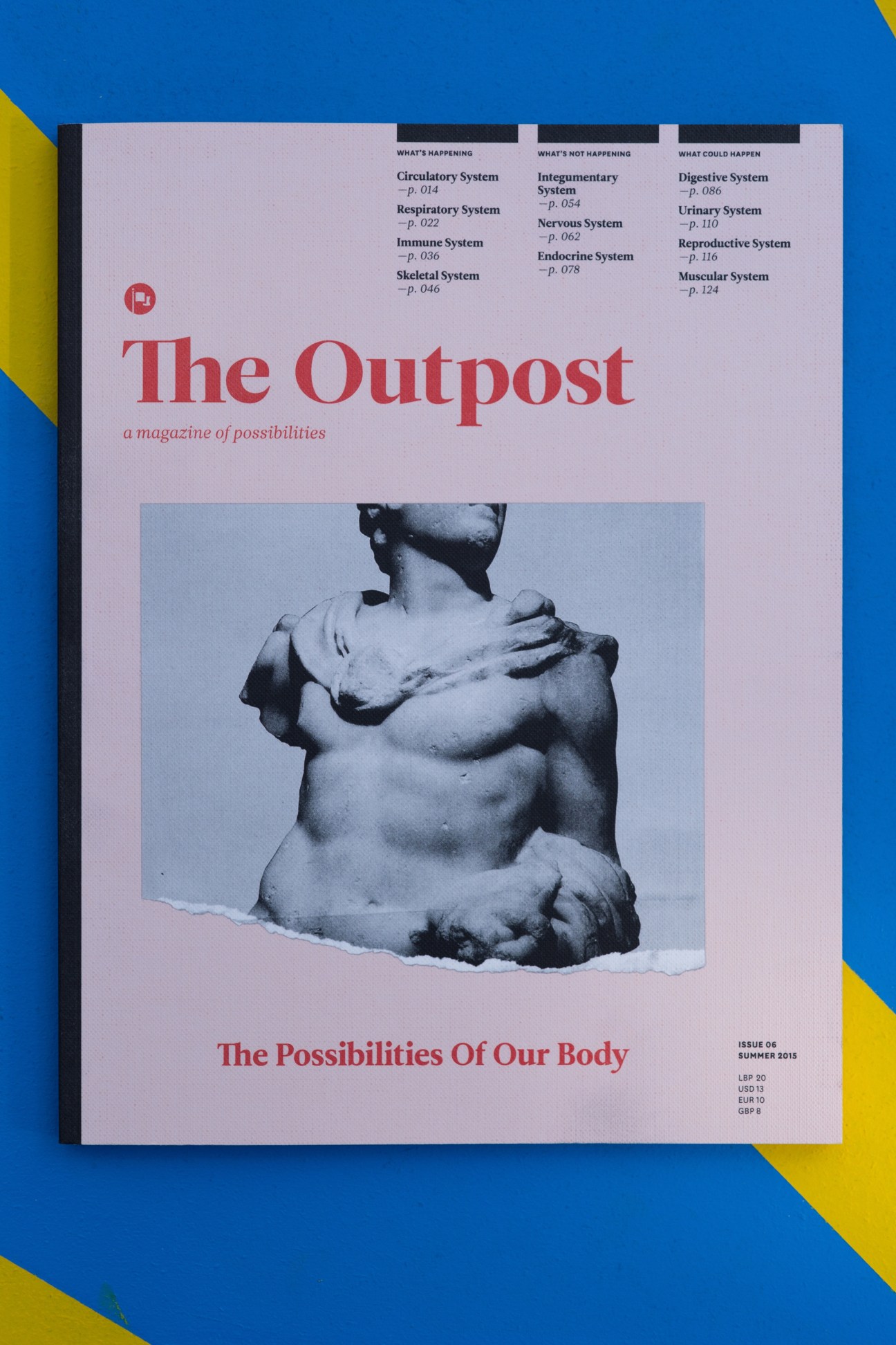 The Outpost magazine cover from Beirut featuring a classical torso sculpture and the title 'The Possibilities Of Our Body'
