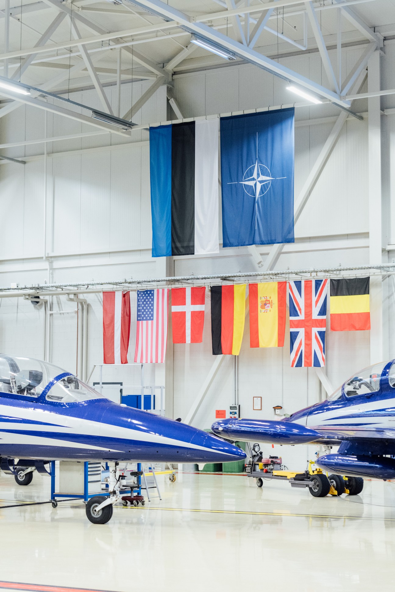 NATO and allied nation flags hang above blue fighter jets in an aircraft hangar.