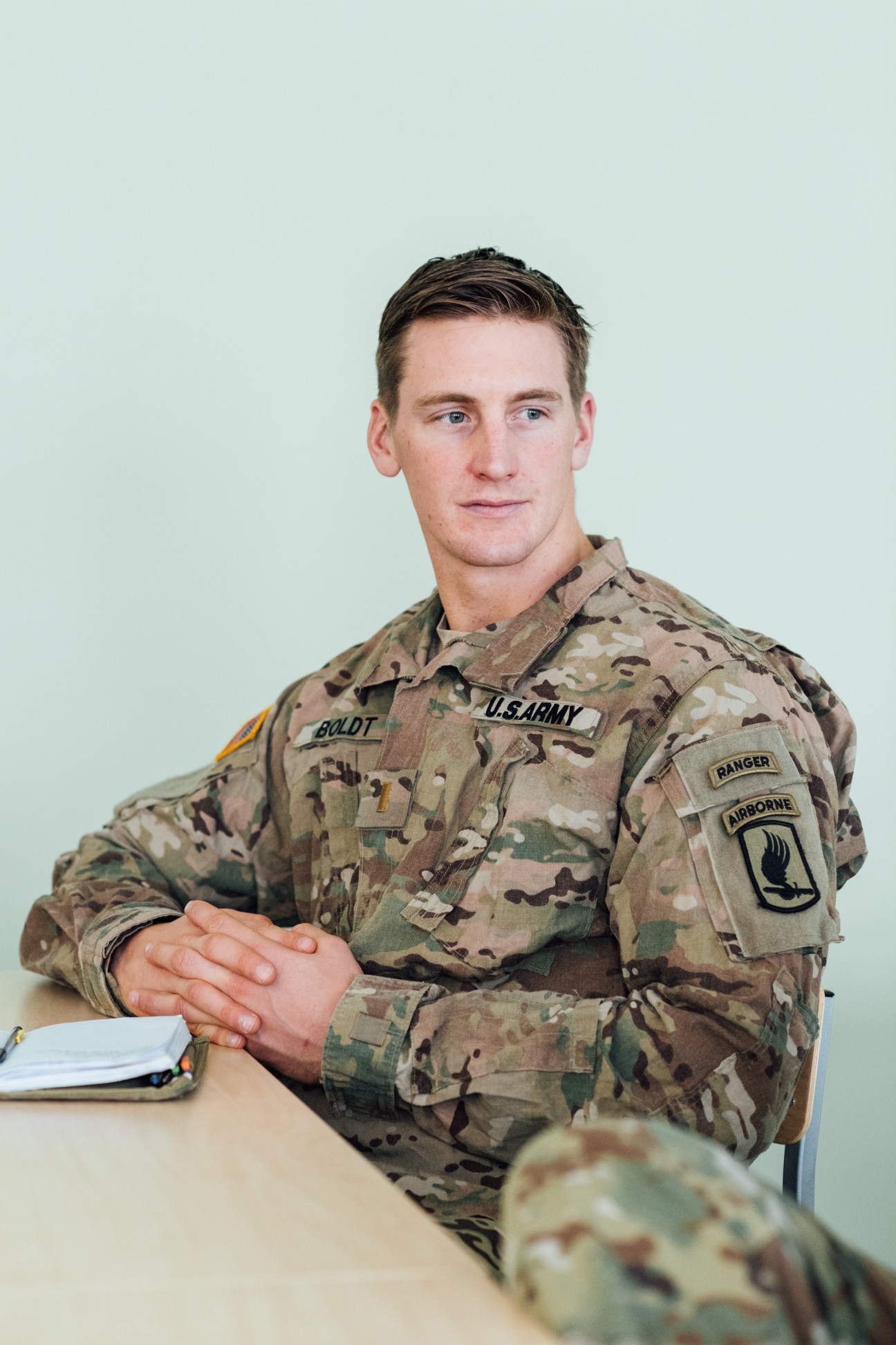 Lieutenant Winston Boldt of the US Army in camouflage uniform with Ranger and Airborne patches.