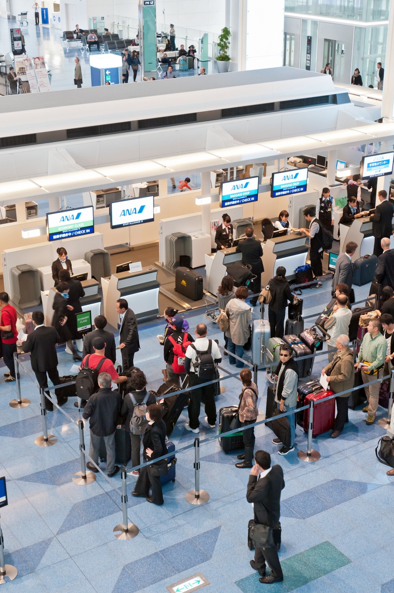 Overhead view of ANA check-in counters at Tokyo Haneda Airport with passengers queuing.