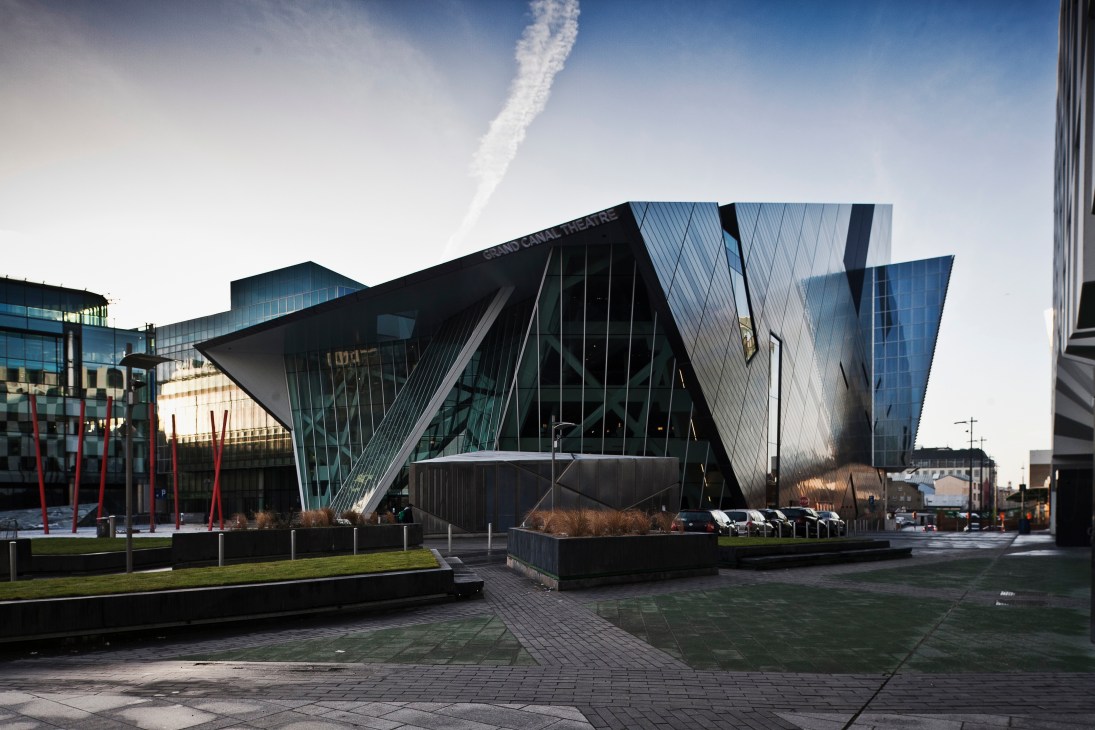 Grand Canal Theatre exterior with geometric metal facade in Dublin