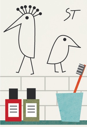 Illustration of two stylized birds above bathroom products and a turquoise container on a tiled surface.