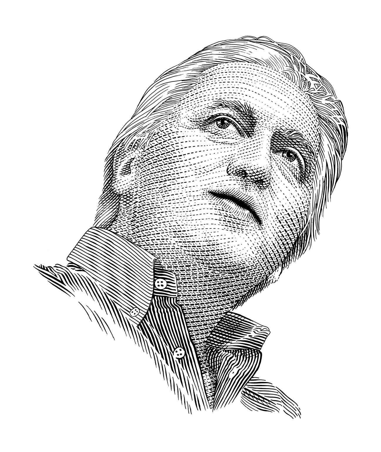 Black and white line drawing portrait of Charles Landry, urban strategist