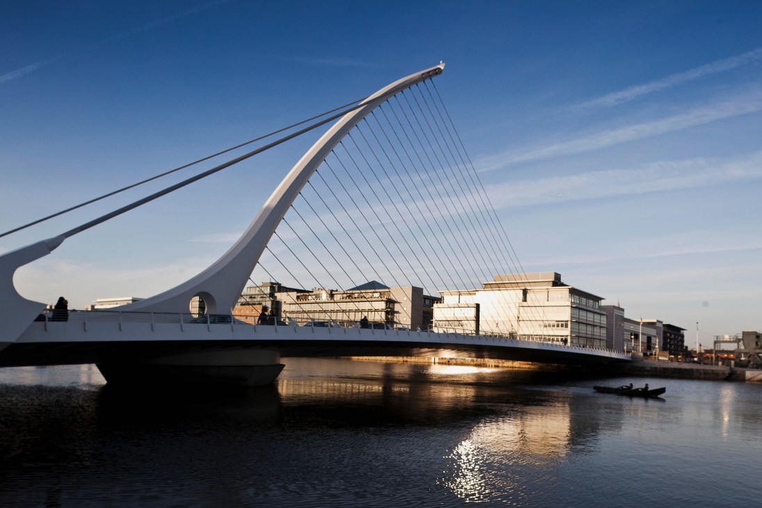 Samuel Beckett Bridge, a white cable-stayed bridge designed by Santiago Calatrava spanning the River Liffey in Dublin.