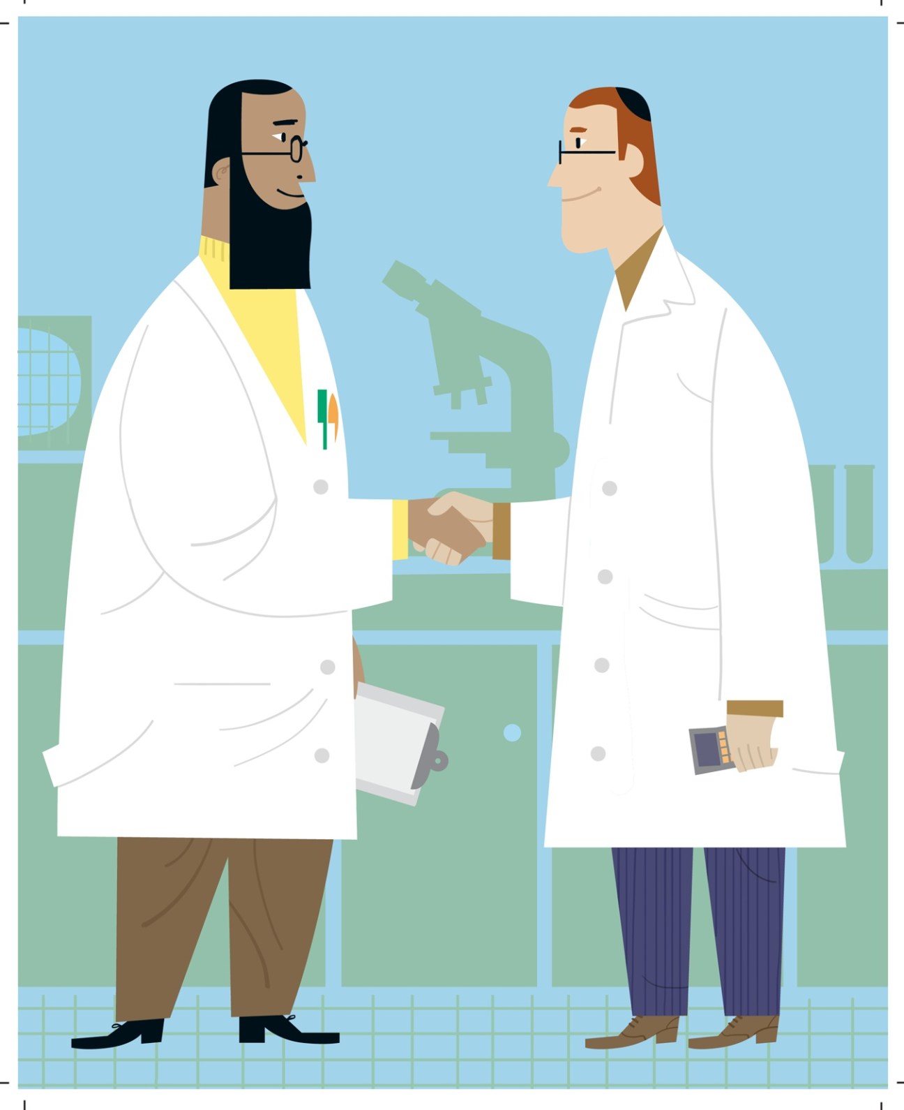 Illustration of two scientists in lab coats shaking hands in front of a microscope in a laboratory.