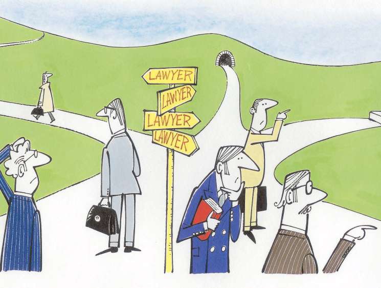 Illustration of multiple cartoon lawyers on a winding path with yellow signs labeled 'Lawyer' pointing in different directions.