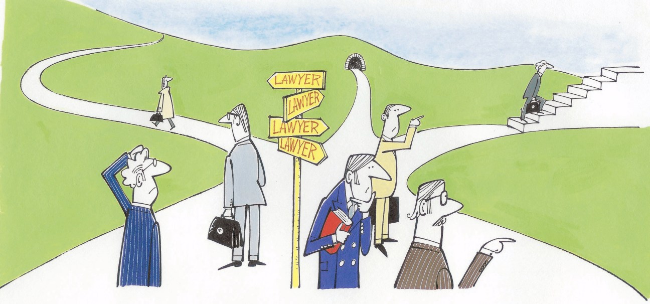 Illustration of multiple cartoon lawyers on a winding path with yellow signs labeled 'Lawyer' pointing in different directions.