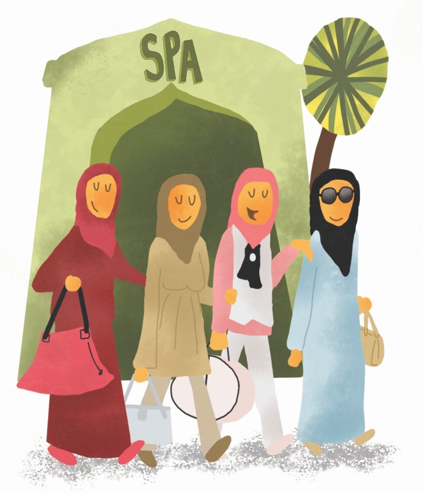Illustration of four women in various colorful outfits standing outside a spa building with a palm tree.
