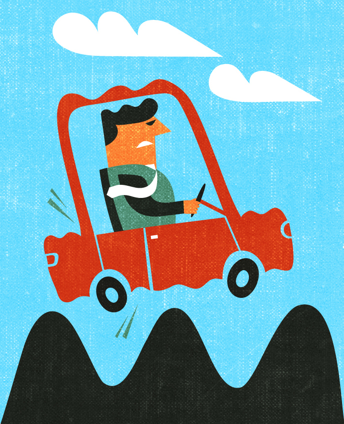 Illustration of a frustrated man in a red car bouncing over rough terrain against a blue sky.