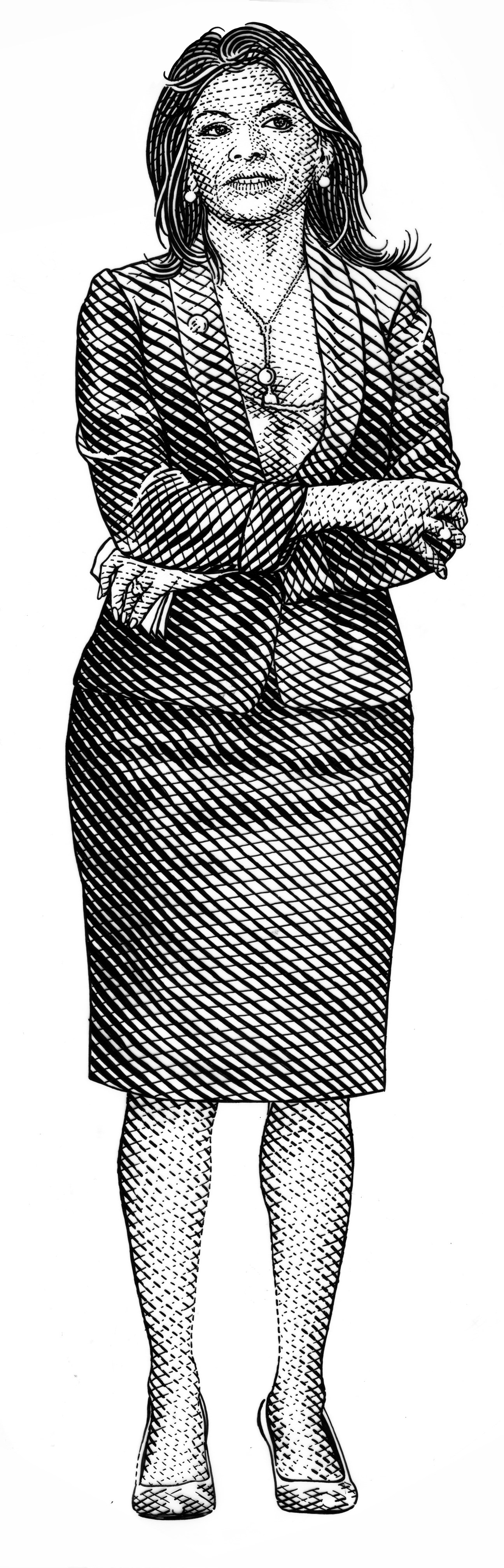 Illustration of Laura Chinchilla in a patterned skirt suit with pearl accessories and heels.
