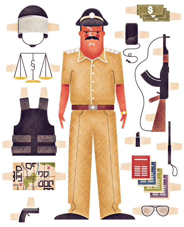 Illustration of an Indian police officer with component icons showing uniform, weapons, scales of justice, and gear.