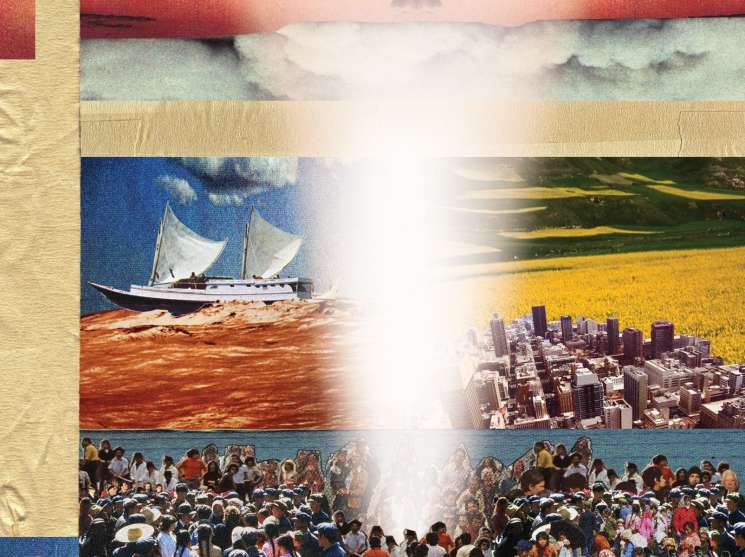 Collage featuring colorful landscape photographs, a sailboat, cityscape, and crowd of people separated by gold and colored paper strips.