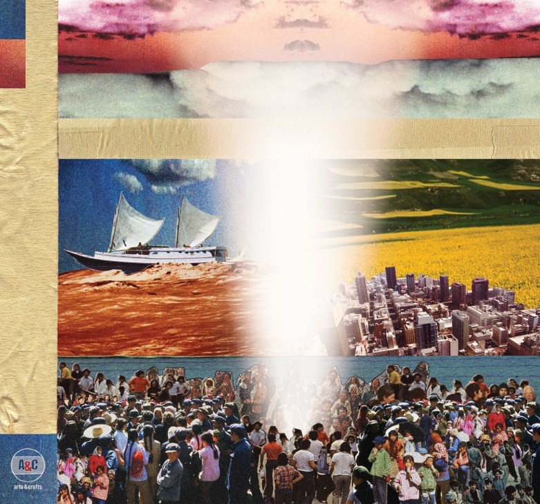 Collage featuring colorful landscape photographs, a sailboat, cityscape, and crowd of people separated by gold and colored paper strips.