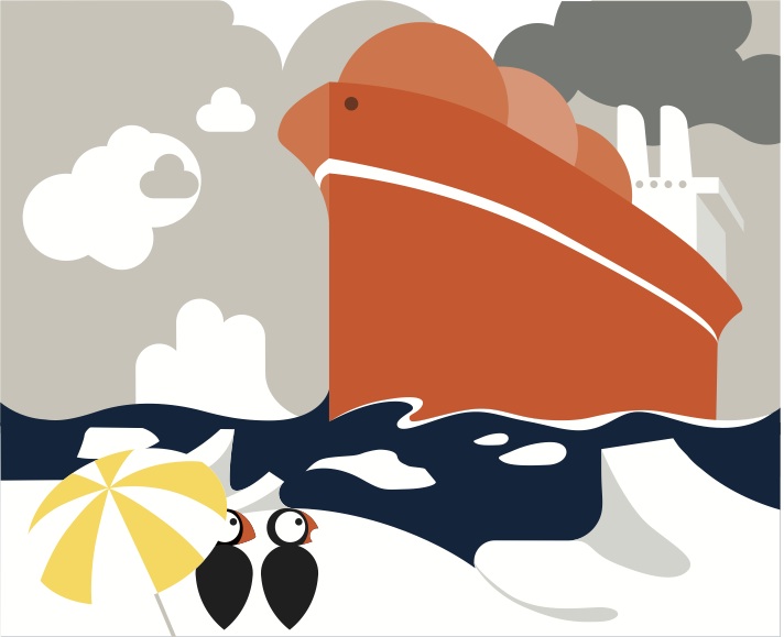 Illustration of a red Arctic tanker ship breaking through ice with clouds and industrial structures.