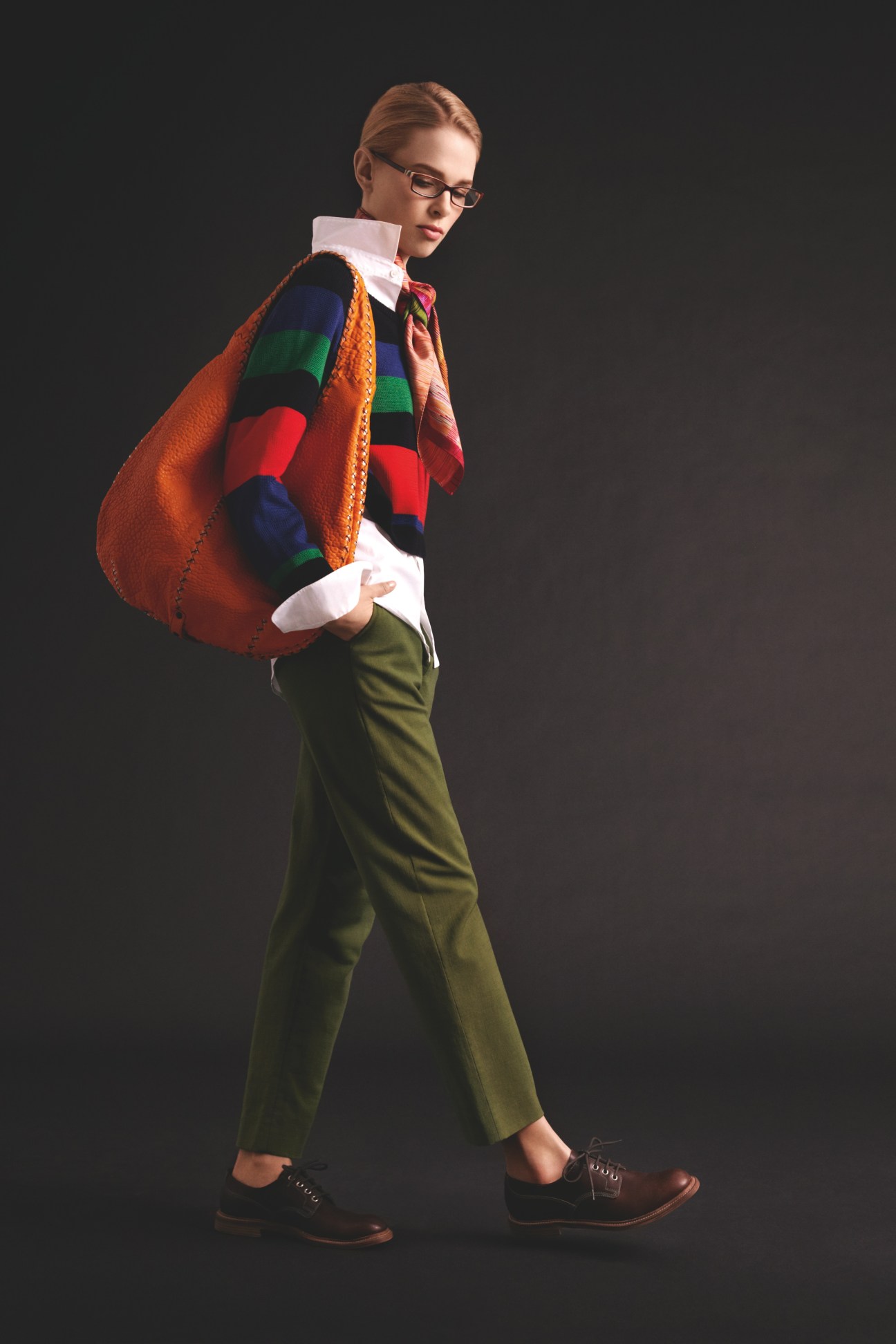 Model wearing Prada glasses, Knott jumper, Delvaux scarf, Closed shirt, Innamorato trousers, Bottega Veneta bag and Church's shoes.