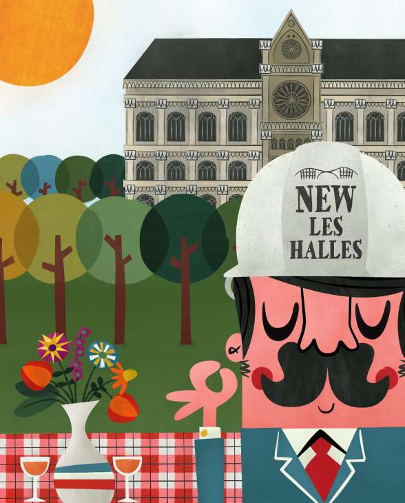 Illustration of a Parisian woman with a mustache in front of landscaped gardens and historic architecture labeled 'NEW LES HALLES'