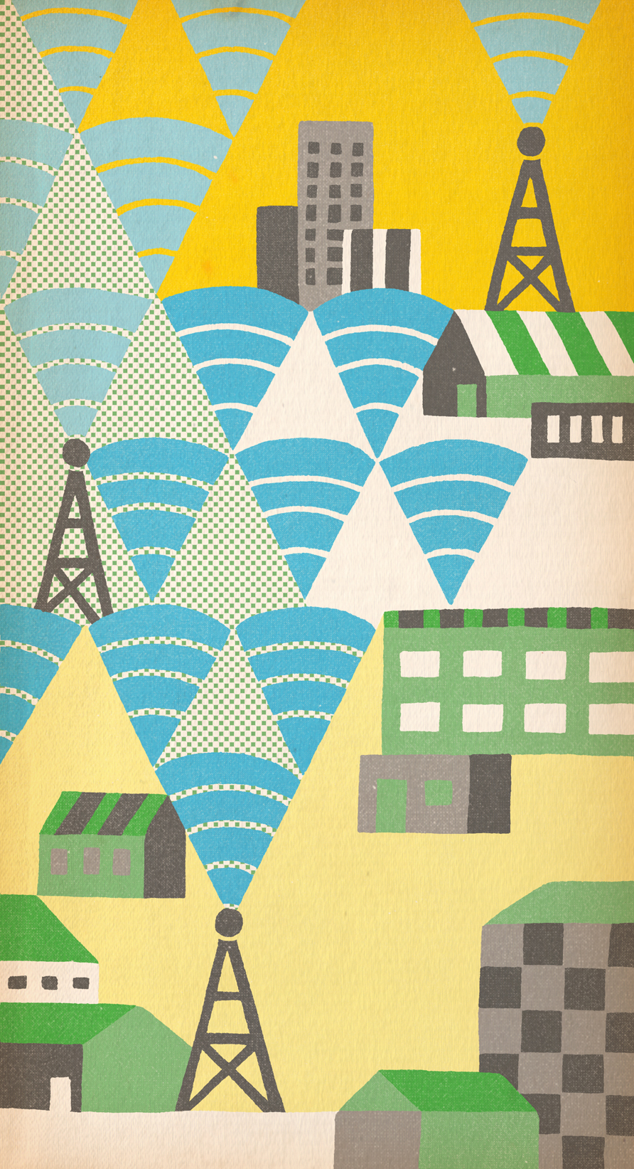 Illustration of wi-fi signals covering a city landscape with buildings and broadcast towers.