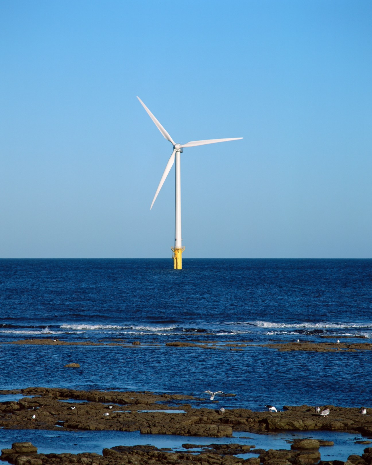 A floating wind turbine with a white tower and three blades anchored in the sea off a rocky coastline.