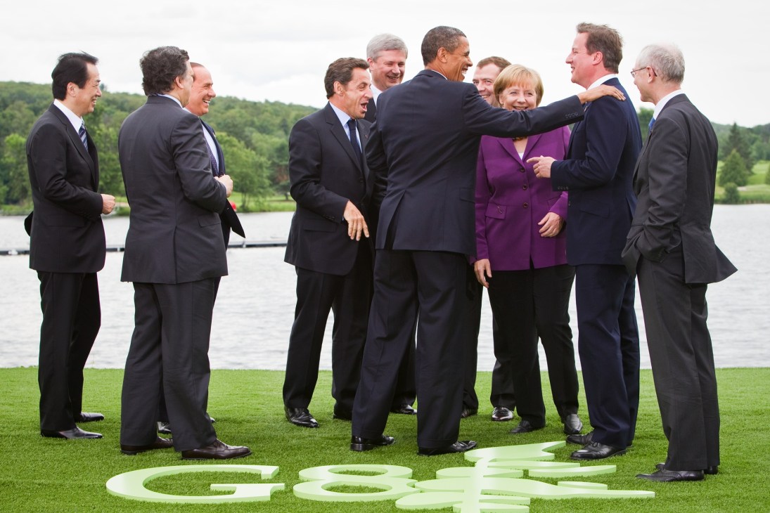 World leaders gathered on a lawn by a lake at the 2010 G8 summit in Huntsville, Ontario.