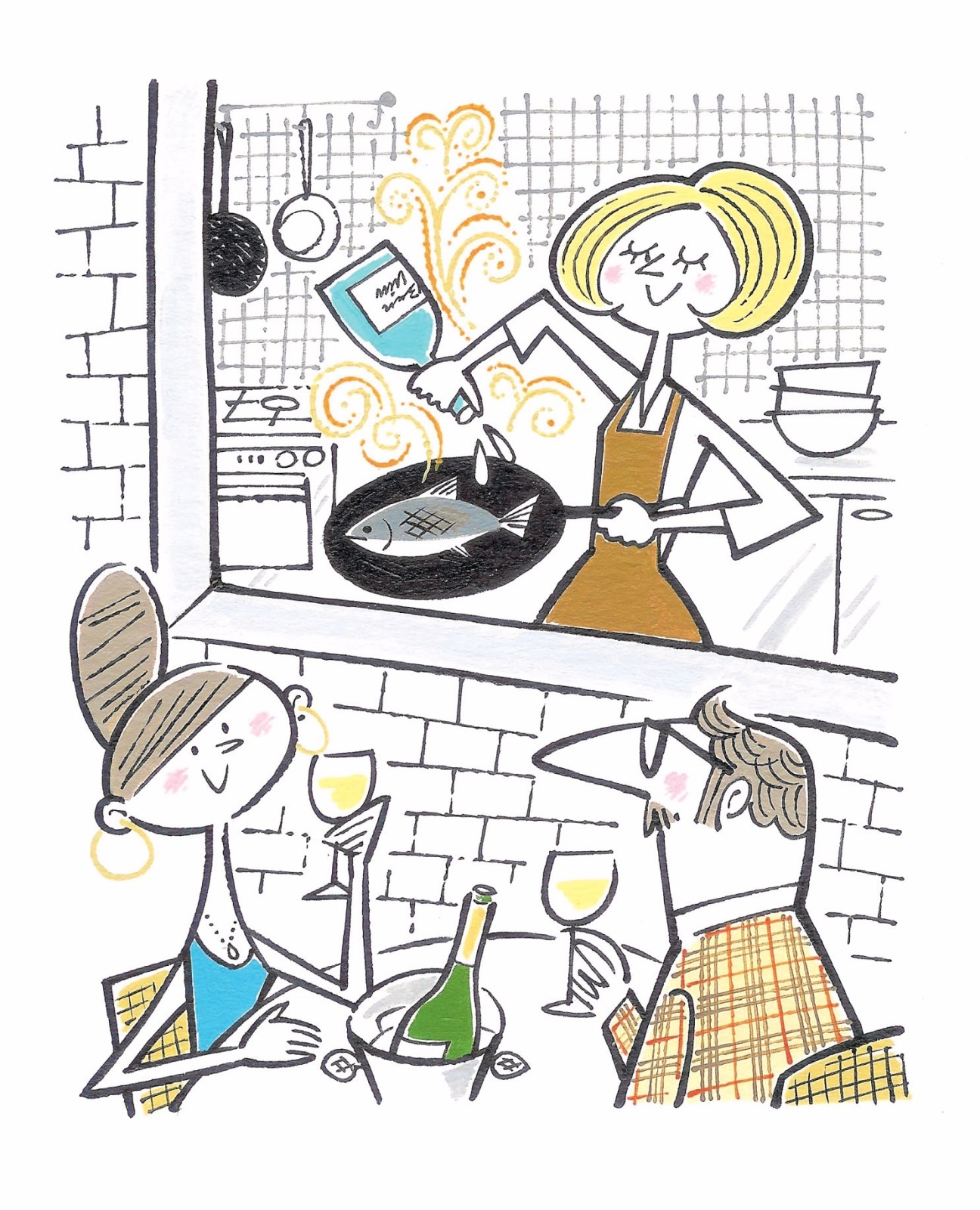 Illustration of a woman cooking fish in a kitchen with friends dining below, representing casual fine dining.