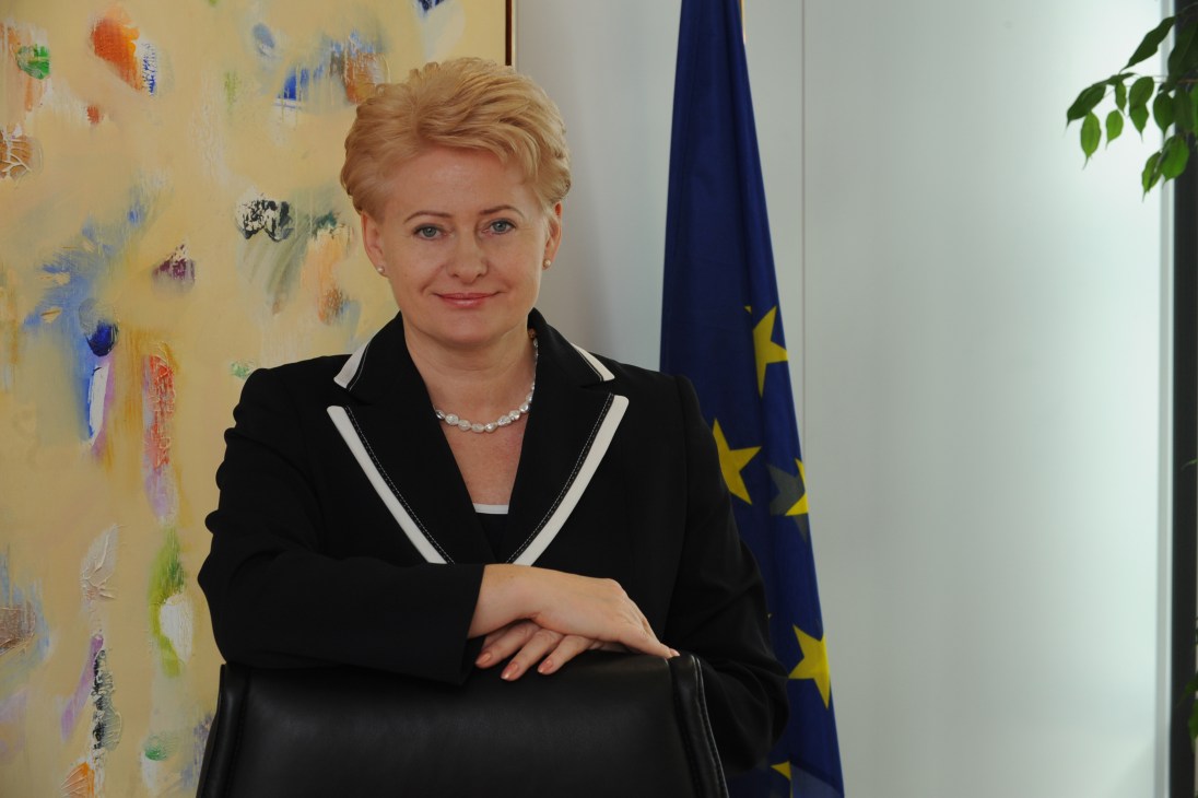 Dalia Grybauskaite, Lithuania's president, poses in formal black jacket with EU flag behind her.