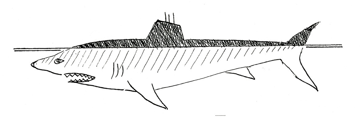 Line drawing of a submarine designed with shark-skin texture on its hull.